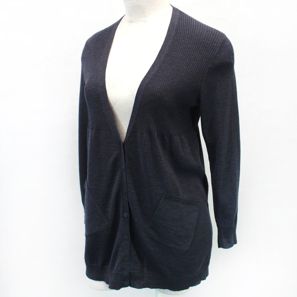 Eileen Fisher 100% wool cardigan sweater top minimalist pockets Large